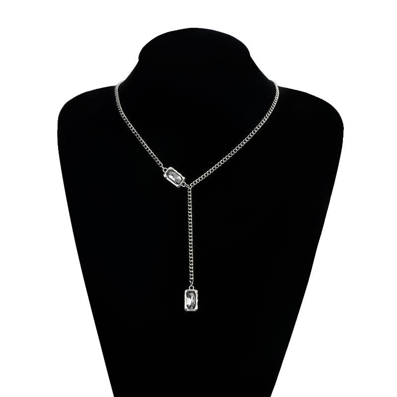 Vintage Black Square Rhinestone Pendant Necklace For Women Girls Fashion Simple Y Shape Long Necklace Jewelry Gift