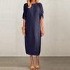 Ladies' Casual And Fashionable Solid Color Round Neck Short Sleeved Button Slit Mid Length Dress
