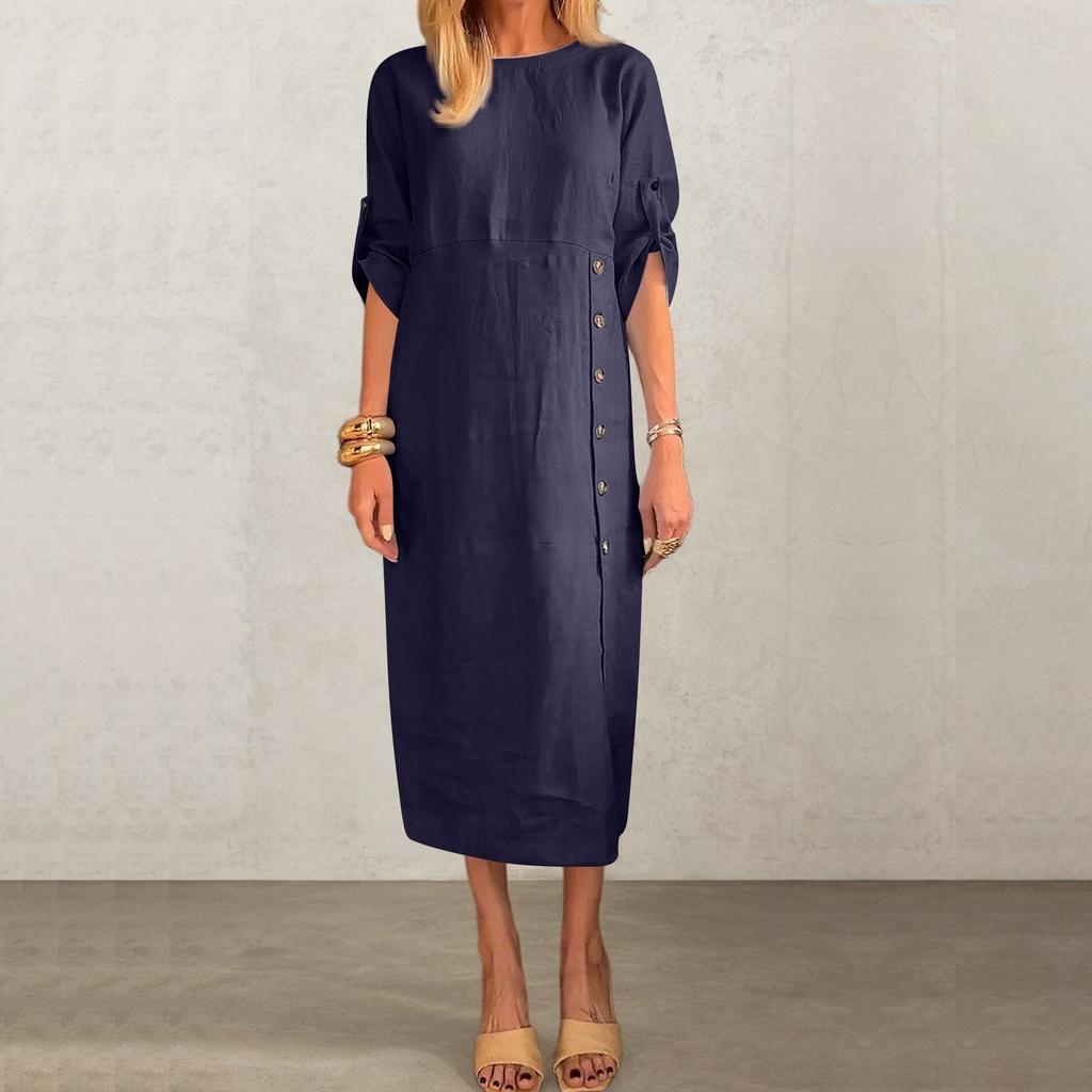 Ladies' Casual And Fashionable Solid Color Round Neck Short Sleeved Button Slit Mid Length Dress