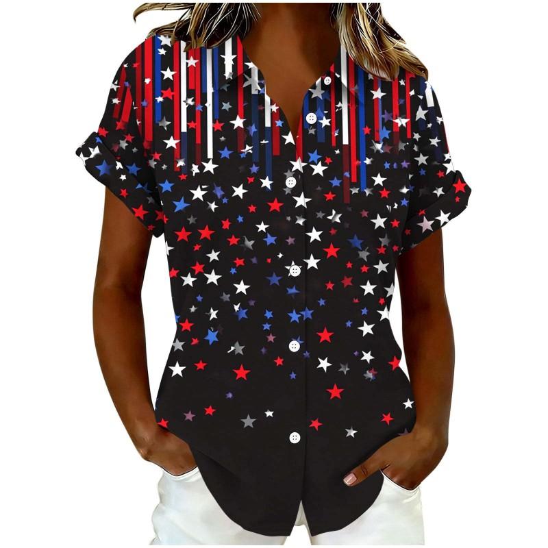 Womens Loose Fit Short Sleeve Printed Shirt Casual Vacation Style Collared Open Front Top