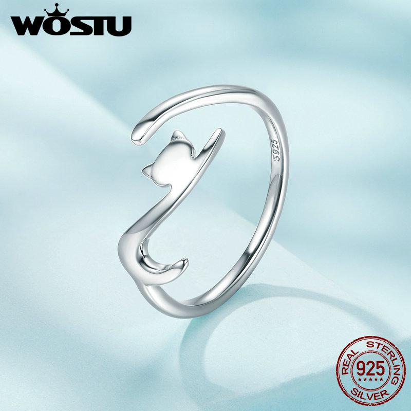 WOSTU Solid Pure 925 Sterling Silver Cute Cat Finger Ring for Women Girl Band Rings Party Jewelry Gift For Girlfriend CQR341