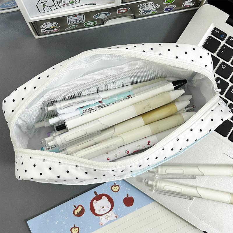 Portable Large Capacity Pencil Case Blue Polka Dot Cute Cat Print Stationery Organizer for Students Travel Use