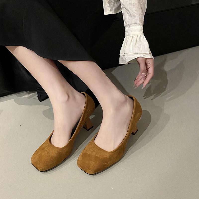 New Concise Solid Cow Suede Square-Toes High Heels Woman Pumps Customized Style Shallow Chunky Heels Slip-on Zapatos Mujer 35-40