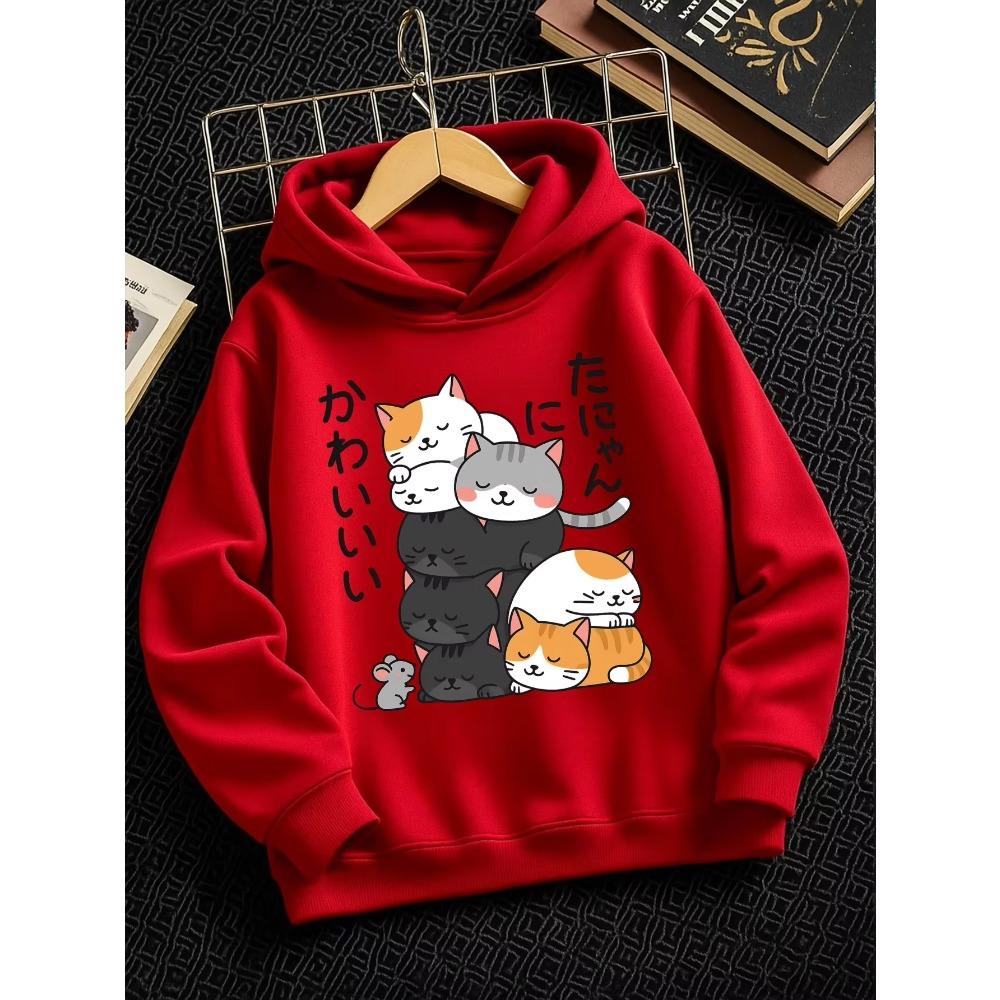 Girls Boys Kids Hoodie Japanese Cat Printed Sweatshirt Kawaii Cartoon Pullover Hooded Top Casual Streetwear Autumn Winter