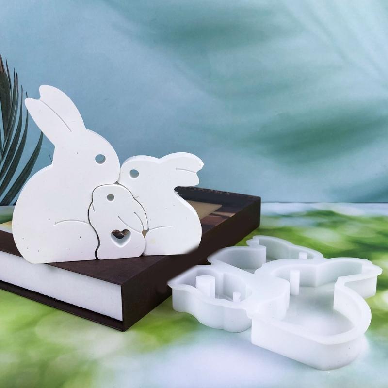 Desk Ornament Mould Flexible Silicone Mold for 3 Rabbit Family Figurine Decoration Gypsum Mold Jewelry Making Supplies