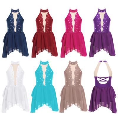 Crianças Meninas Strass Lyrical Dance Costume Sheer Mesh Patchwork Mangas Irregular Hem Vestido Dancewear