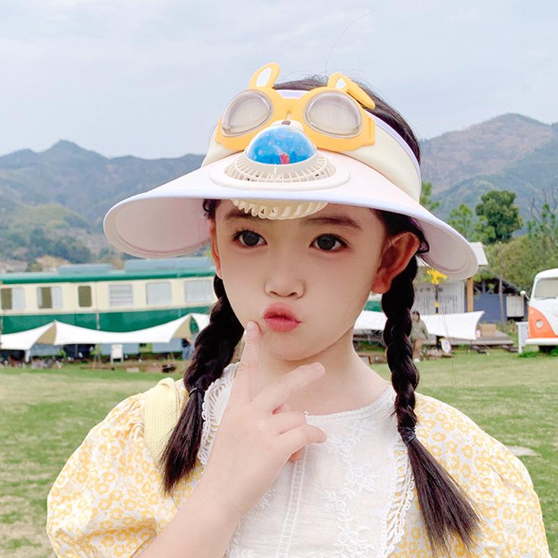 1114 Children's Hats Boys and Girls Summer Outdoor Sun Protection Visor Cartoon Large Brim with Fan Empty Top Hat