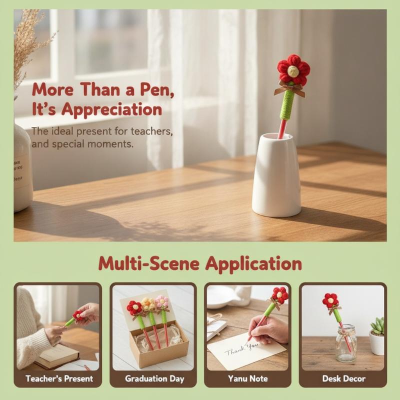 1Pcs Cute Plush Flower Gel Pen Creative Decorative Gel Pen Knitted Floral Writing Pen Smooth Writing Teachers Day Gifts