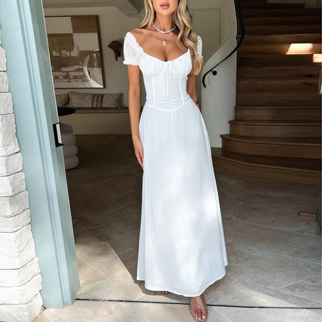 Women's Dresses Elegant Solid Color Summer Temperament Tie Drawstring Bubble Sleeve French Dresses