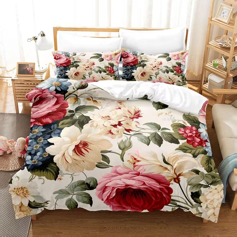 Pink Flowers Bedding Set 3D Print Comfortable Wrinkle-Free Floral Duvet Cover Set Twin King Queen Size Bedroom DeDuvet Cover Set