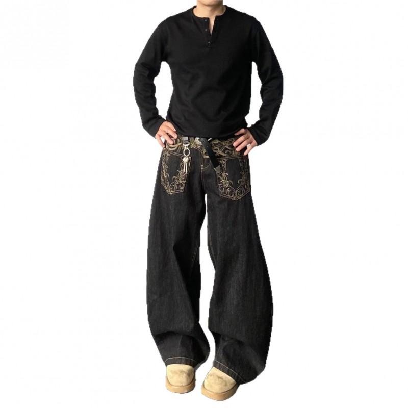 American Style High Street Embroidered Baggy Jeans Men Women Wide Leg Denim Pants