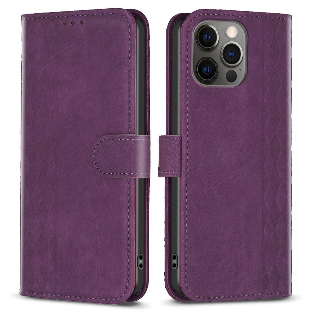 

For iPhone 12/12 Pro 6.1 inch Magnetic Clasp Imprinting Grid Pattern Stand Cover Phone Wallet Case Purple