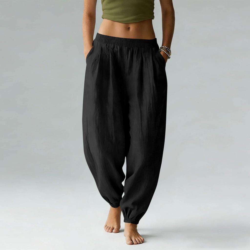 Women's Cotton Linen Pants Casual Elastic Waist Color Jogger Pants Comfy Beach Vacation Trousers With Pockets