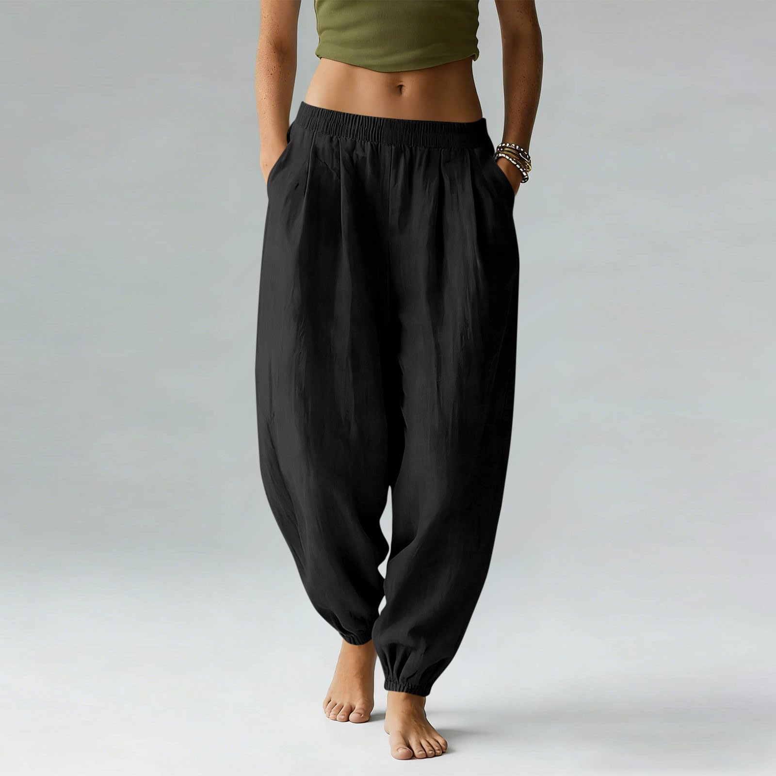 

Women s Cotton Linen Pants Casual Elastic Waist Color Jogger Pants Comfy Beach Vacation Trousers With Pockets XXL чёрный