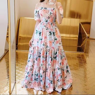 Women's New Spring and Summer Dresses One-shoulder Floral Fashion Strapless Long