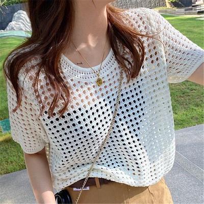 Summer Knitted Short Sleeve Hollow Out T-shirt Women's See Through Tees O Neck Thin Ice Silk Pullover Sunscreen Tops Loose Casual Simple Clothes 3096