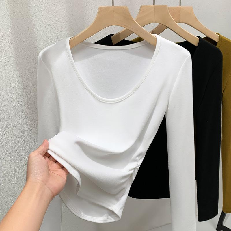 

Coconut velvet bottoming shirt women s 2025 new women s clothing thin U-neck polished inner long-sleeved T-shirt pleated waist top XL білий