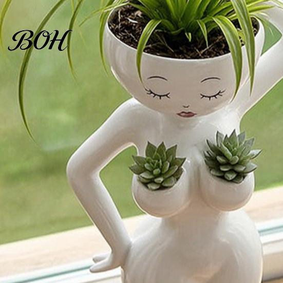 Layered Green Plant Landscape Pot Funny Female Figure Planter with Drainage Holes, Elegant Lady Flower for Small Windowsill Succulents, Lazy