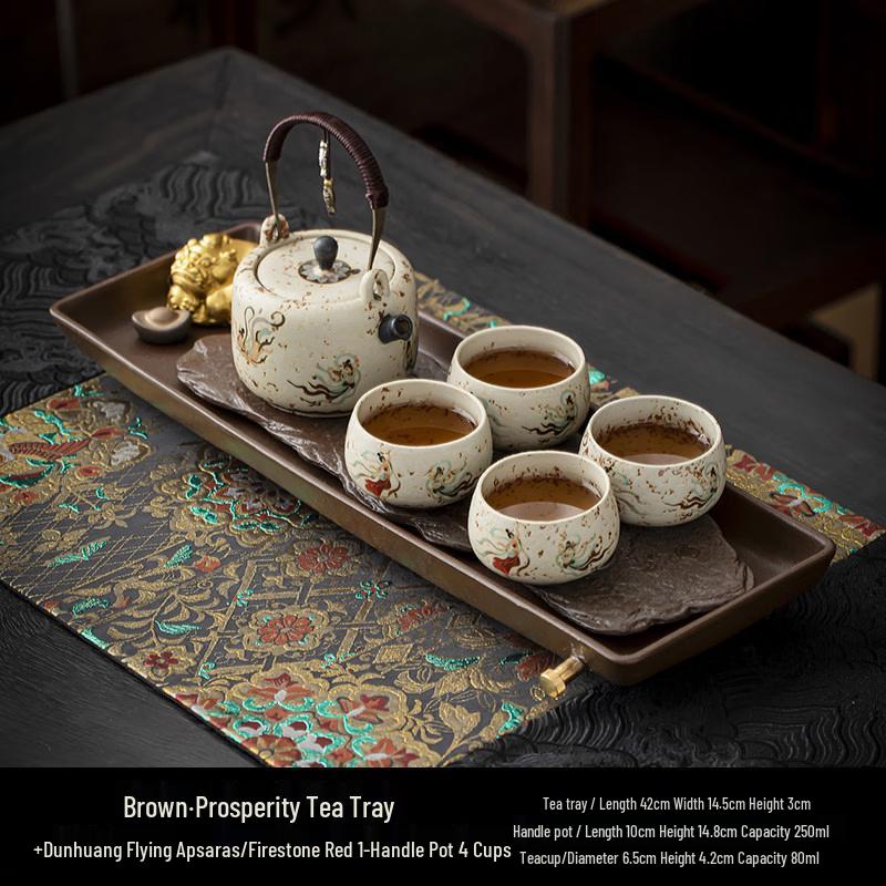 Flint Red Flying Apsara Beam Handle Tea Set with 4 Cups and Rustic Brown Tray