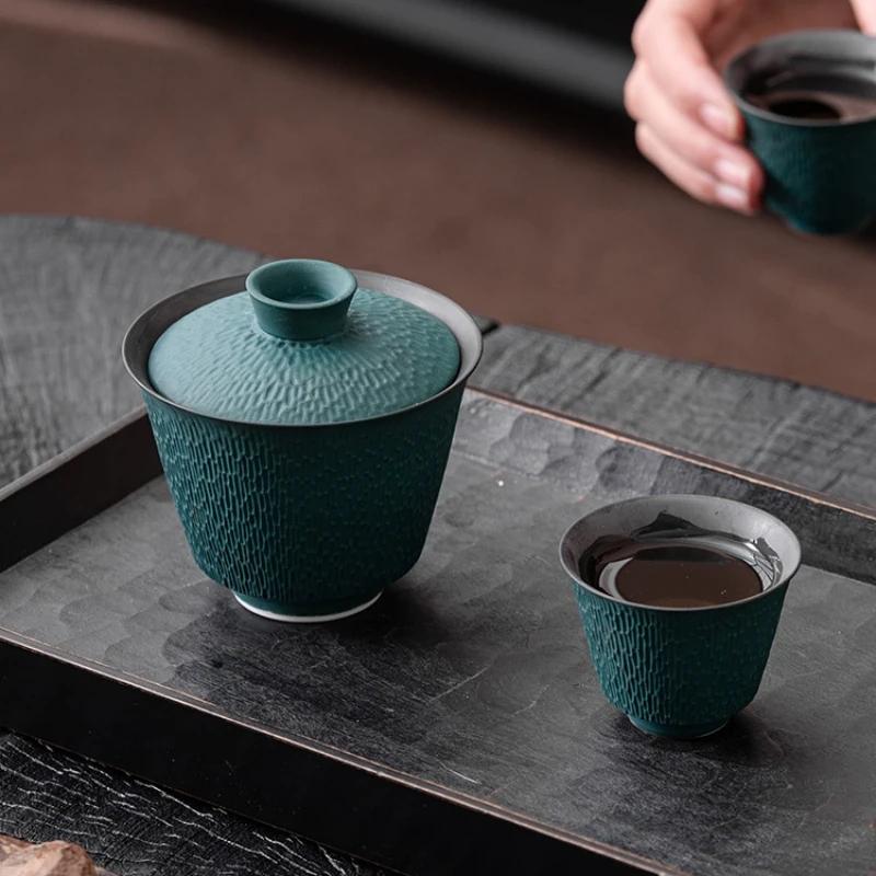 Jumping Knife Pattern Porcelain Gaiwan Set For Tea Tureen Teaware Cup Chinese Green Tea Bowls Chawan Tea Ceremony Lily Deng