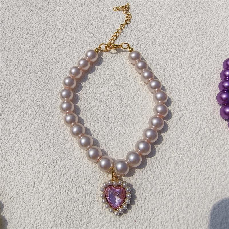 

European and American fashion foreign trade cat and dog jewelry imitation pearl love gemstone pendant pet necklace XS 15-20CM розовый