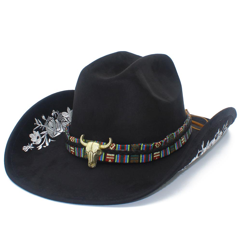 Fashion embroidered suede western cowboy hat big brim bull head accessories outdoor visor versatile trendy top hat