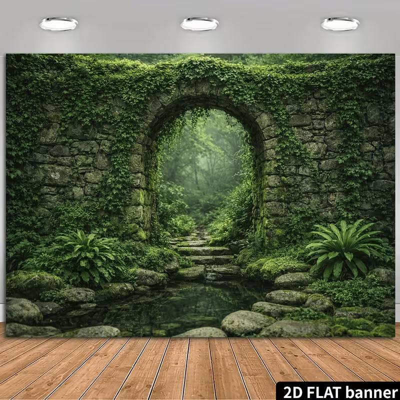 2D Ivy Stone Arch Enchanted Forest Wall Tapestry Background Cloth