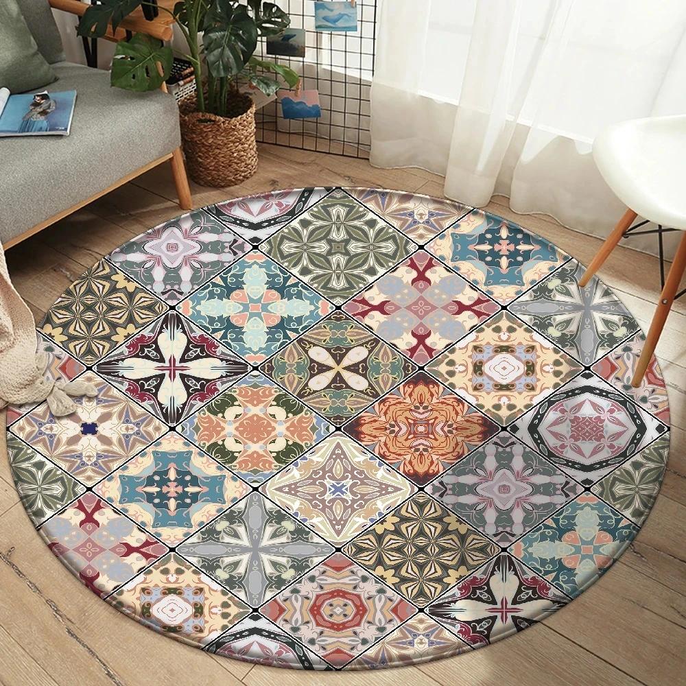 Alfombra Redonda Mandala Boho Alfombra de Área con Estampado Floral Colorido Para Sala de Estar Dormitorio Silla Felpudo Antideslizante para Suelo Hogar Cocina Felpudo de Puerta