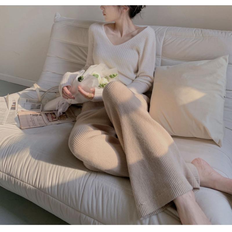 

Осенне-зимние модные женские брюки, новые прямые с высокой талией в вертикальную полоску, трикотажные длинные широкие брюки, повседневные модные элегантные повседневные брюки 2363 L хаки