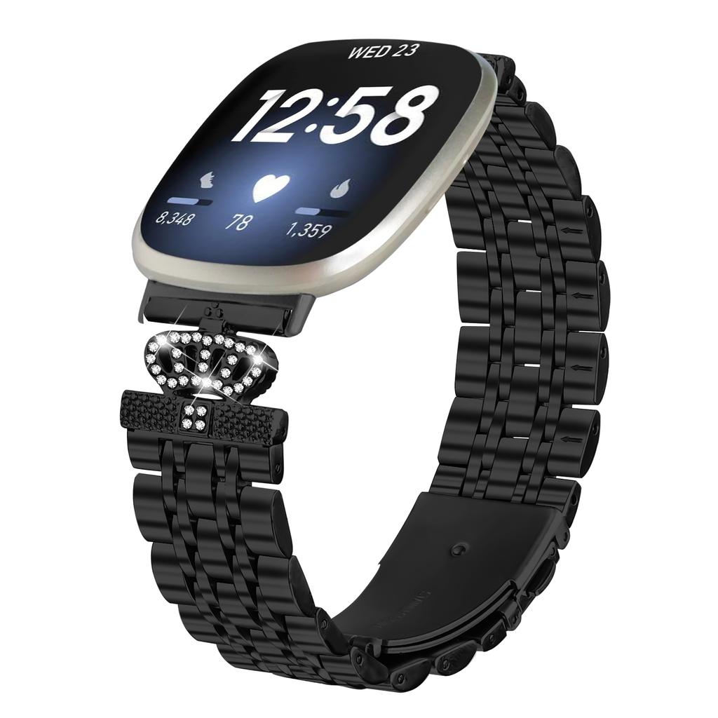 For Fitbit Versa 3/Sense Watch Band 7-Bead Rhinestone Crown Stainless Steel Strap