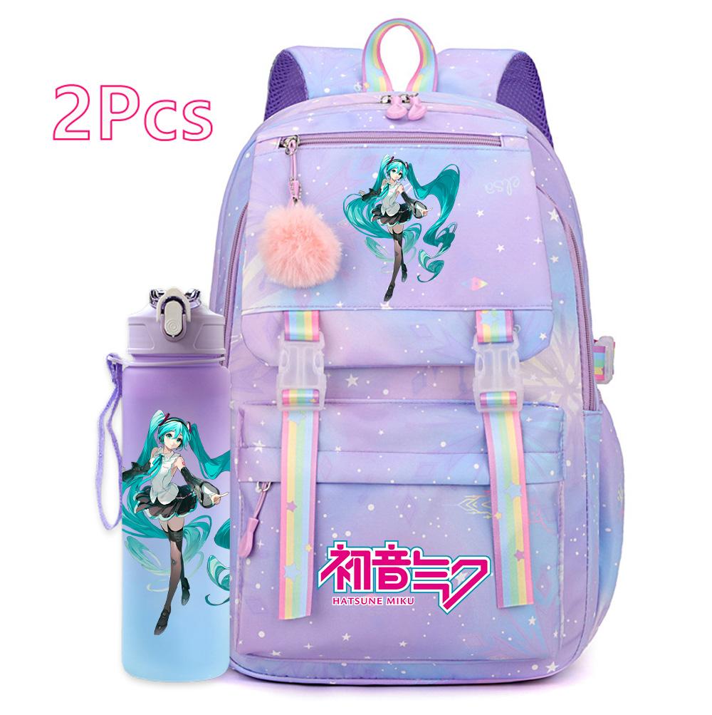 2 st/set Söt Hatsune Miku-tryckt Ryggsäck med 750 ml Vattenflaska för Tonårsflicka Pojke Skolväska Stor Kapacitet Vattentät Resväska Gåva