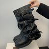 Belt Buckle Sleeve Boots Fashion Round Toe Waterproof Non-slip Block Heel Resistant Mid-leg Boots