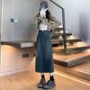 Spring & Autumn High-Waisted A-Line Denim Skirt for Petite Women - Mid-Length with Hip-Hugging Slit
