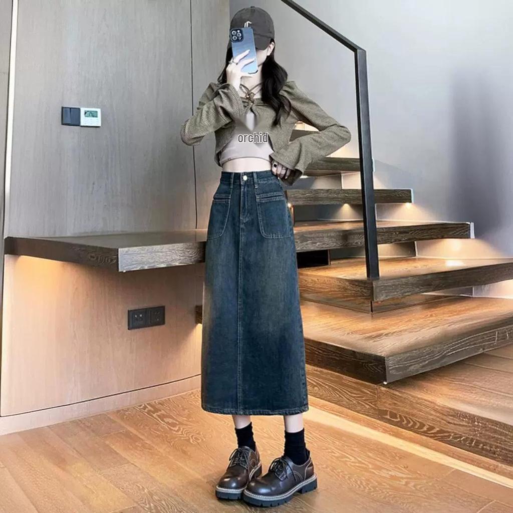 Spring & Autumn High-Waisted A-Line Denim Skirt for Petite Women - Mid-Length with Hip-Hugging Slit