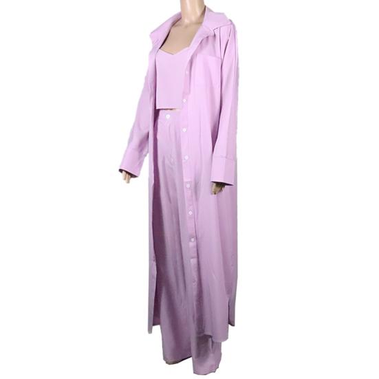 Set 3 Pezzi/Set Top Pantaloni Cappotto Donna Colore Unico Scollo a V Profondo Corto