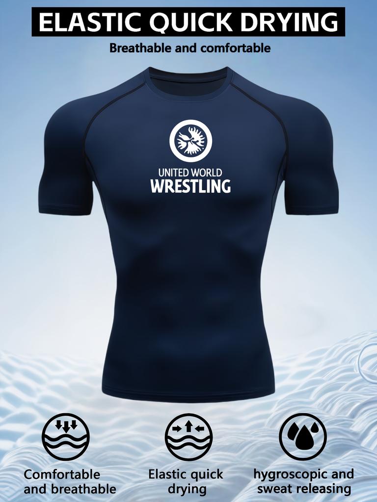 Men's White Compression T-Shirt with "United World Wrestling" Print, Elastic Quick Drying Breathable Wrestling & Gym Training Top