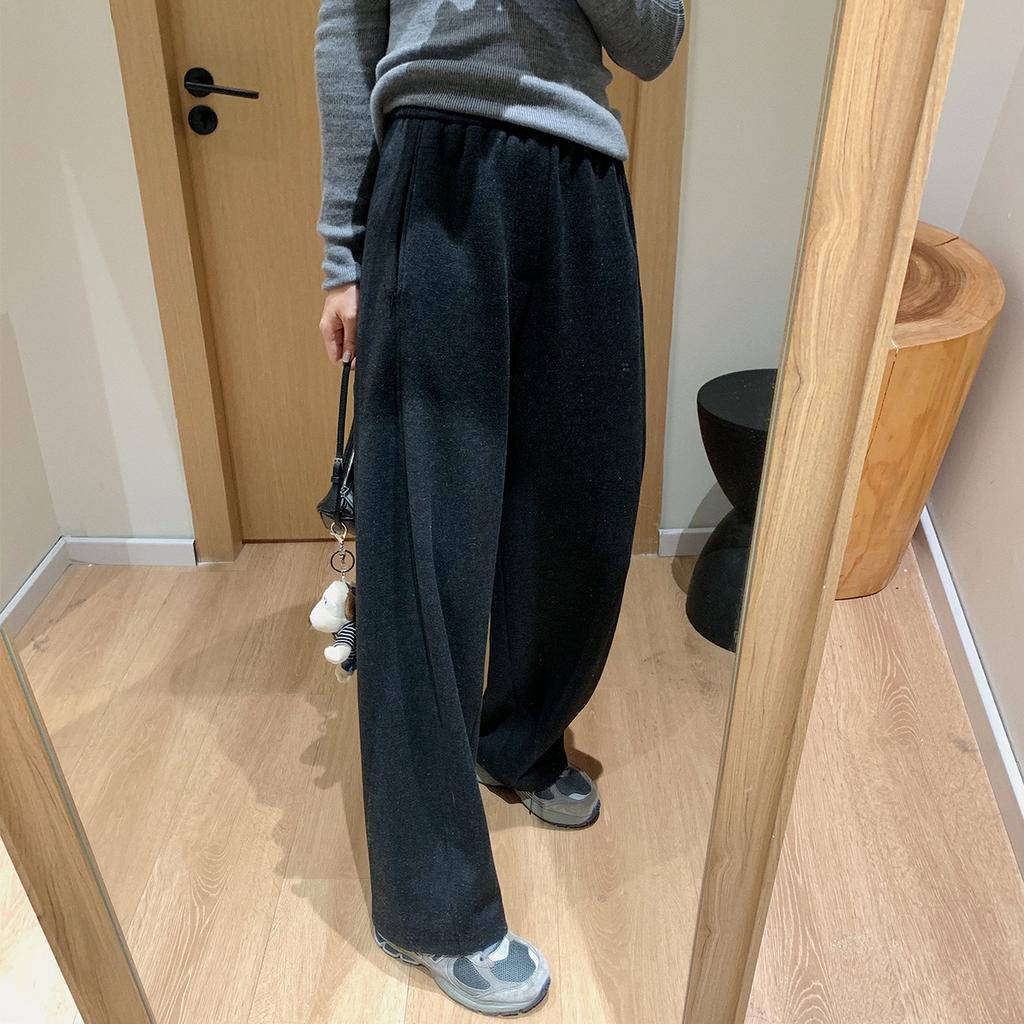 Women's Elastic Waist Barrel Leg Pants Relaxed Fit Korean Thick Cashmere Acetate Blend Wide Leg Trousers Winter Loungewear Sweatpants
