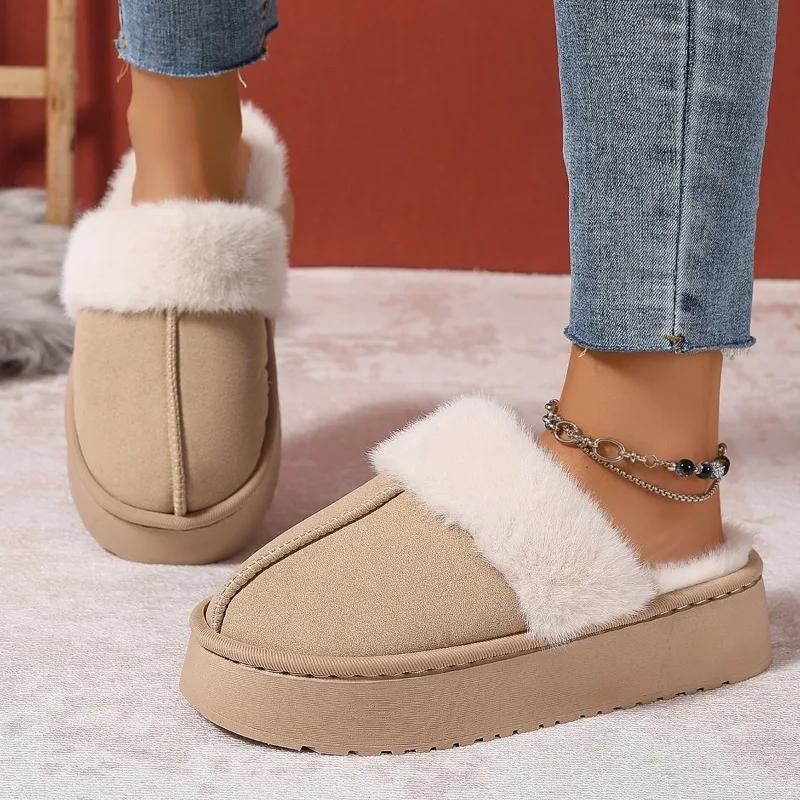 Winter Women Platform Slippers Warm Plush Slippers Women Fashion Indoor Outdoor Fluffy Suede Mules Female Snow Cotton Shoes