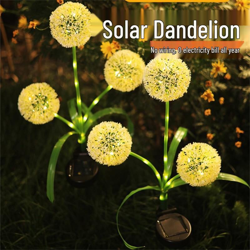 Solar Dandelion LED Lawn Lamp - Outdoor Flower Art Decoration with Ground Plug.