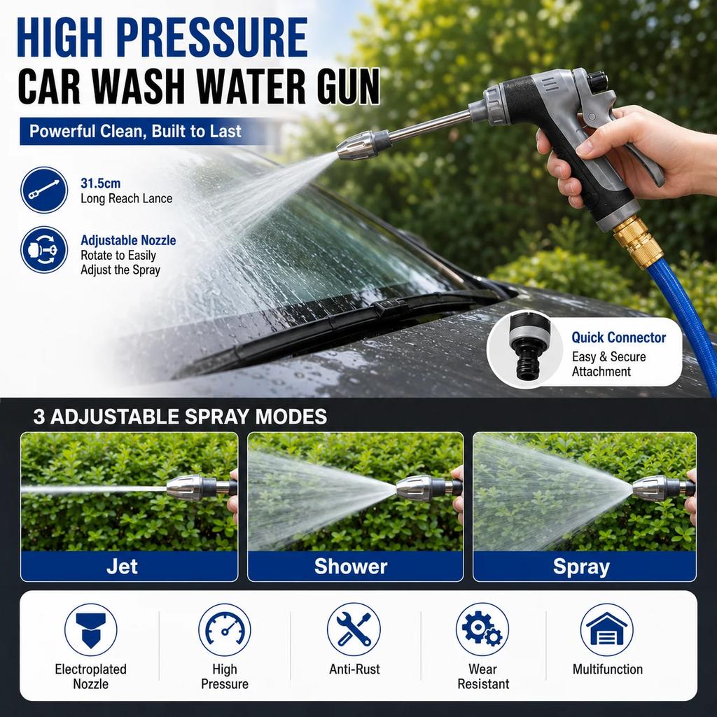 High Pressure Car Wash Water Gun, Adjustable Foam Sprayer Nozzle for Garden Watering, Vehicle Cleaning and Outdoor Washing