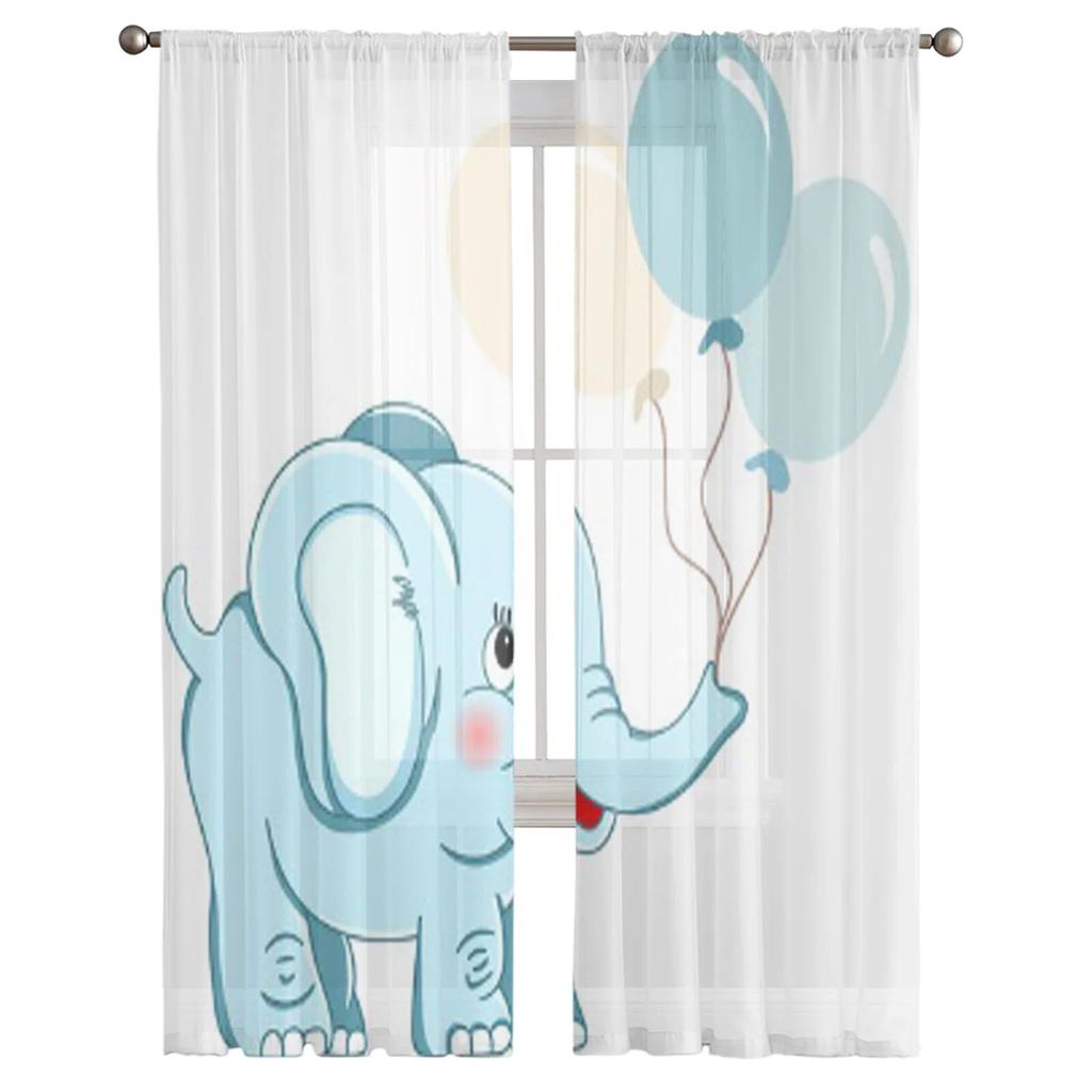 Cute Elephant Holding Balloons Sheer Curtains For Living Room Kids Bedroom Tulle Curtains Kitchen Window Treatment Drapes