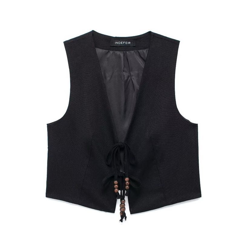 Kaslead New Arrival Women's Fashion Style Beaded Linen Vest Casual Pants 7901322 7901222