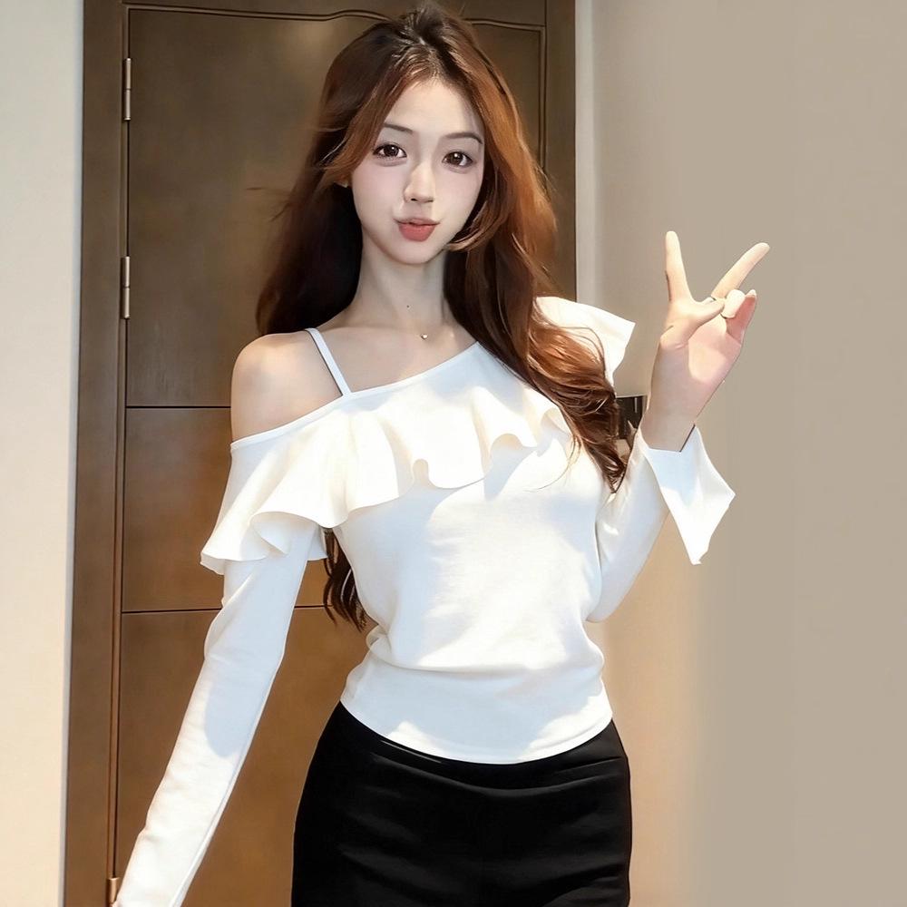 Asymmetrical Ruffled Off-Shoulder Sexy Long-Sleeve Pullover Top