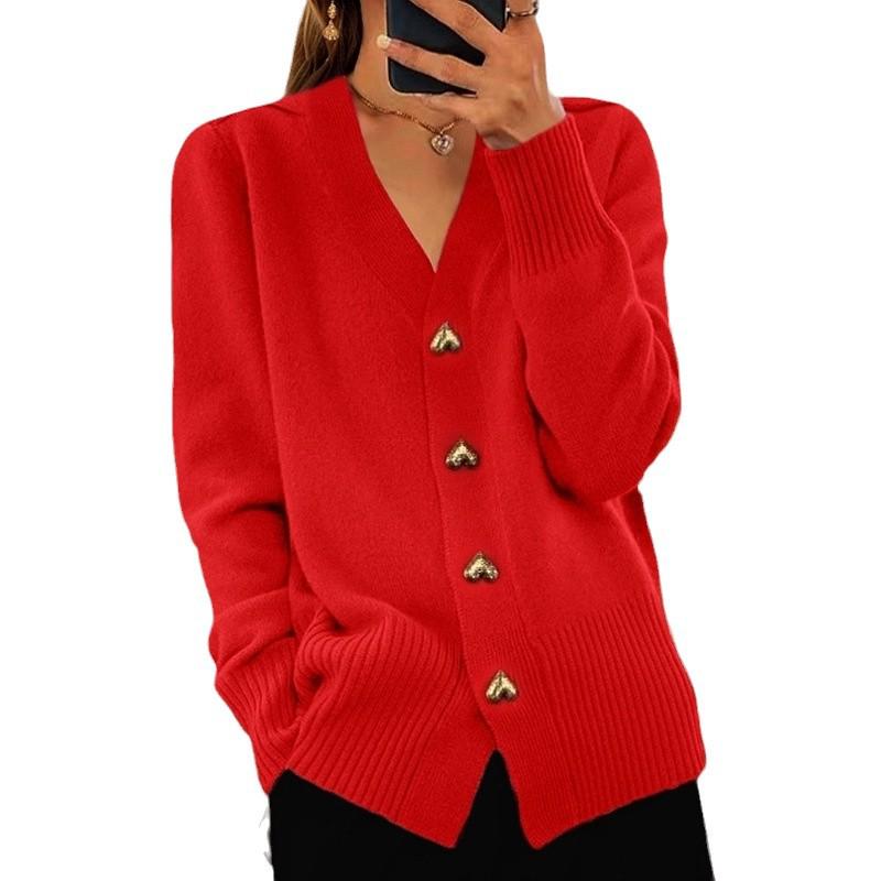 Women's Autumn/Winter V-Neck Knitted Cardigan with Heart Row Buttons