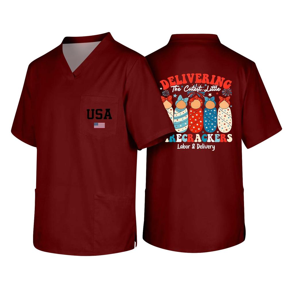 Men's Short Sleeve V Neck Work Shirt Nurse Uniform Top with Pocket USA Print Casual Fit Medical Scrub Tee for Healthcare Professionals