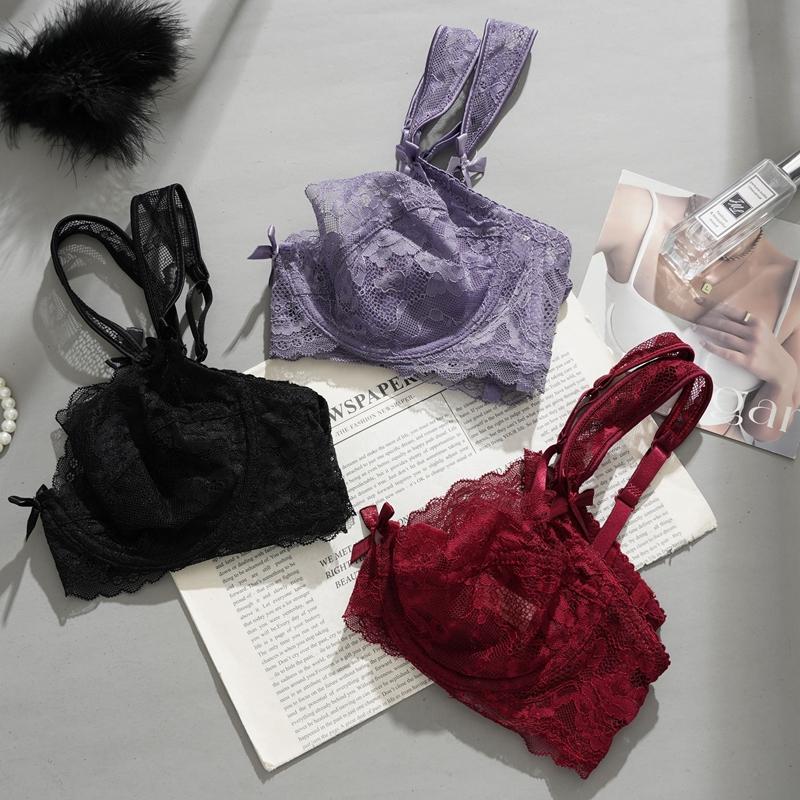Women's Push Up Bra Sexy Ultra-thin Lace Bras Hollow Out Transparent Gathered Underwear Ladies Bow Underwire