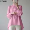 VONDA Women Elegant Casual Ruffled Stand Neck Loose Long Sleeve Irregular Blouse