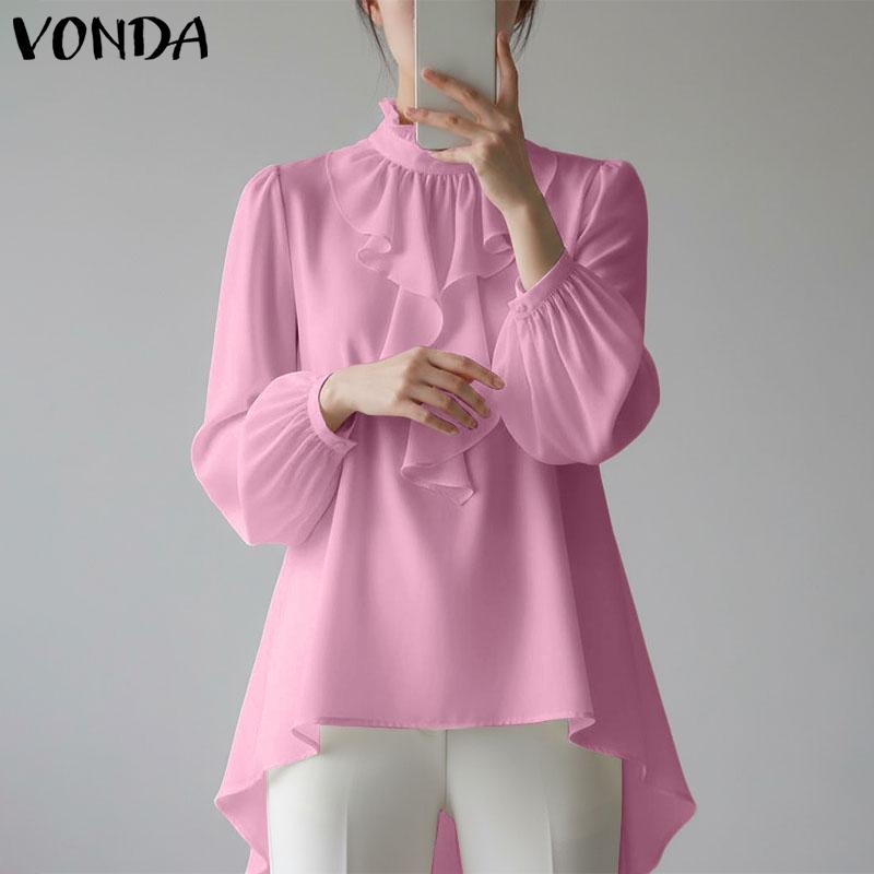 VONDA Women Elegant Casual Ruffled Stand Neck Loose Long Sleeve Irregular Blouse