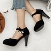 Fashion 2025 Spring New Flock Ladies Platform Mary Janes Pumps Fashion Lace Bow Thick High Heels Women's Party Wedding Woman Shoes