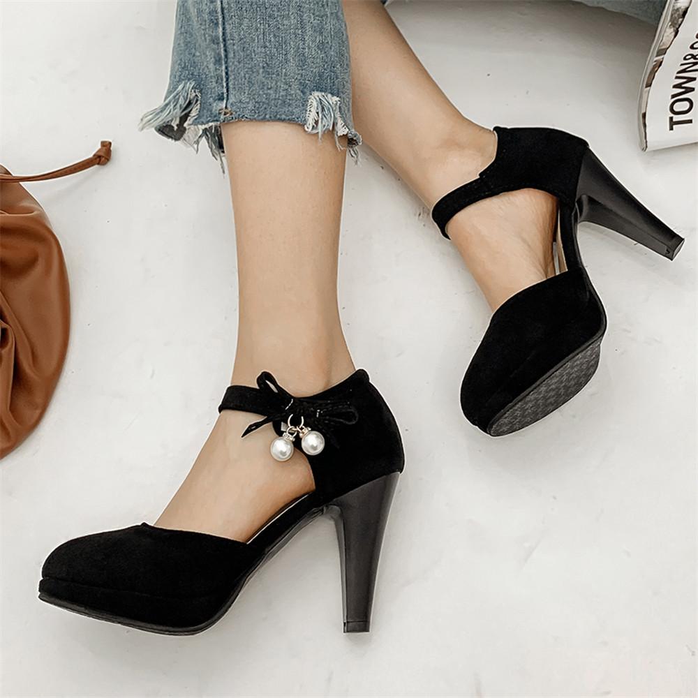 Fashion 2025 Spring New Flock Ladies Platform Mary Janes Pumps Fashion Lace Bow Thick High Heels Women's Party Wedding Woman Shoes